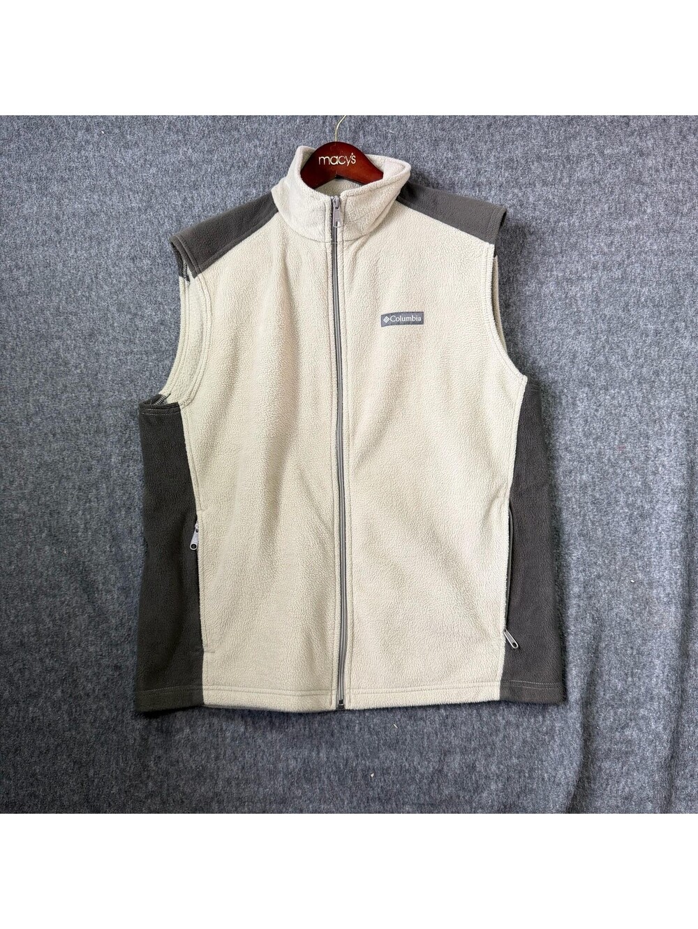 Columbia Fleece Vest Mens Large Beige Brown Full Zip Pockets Outdoor Travel